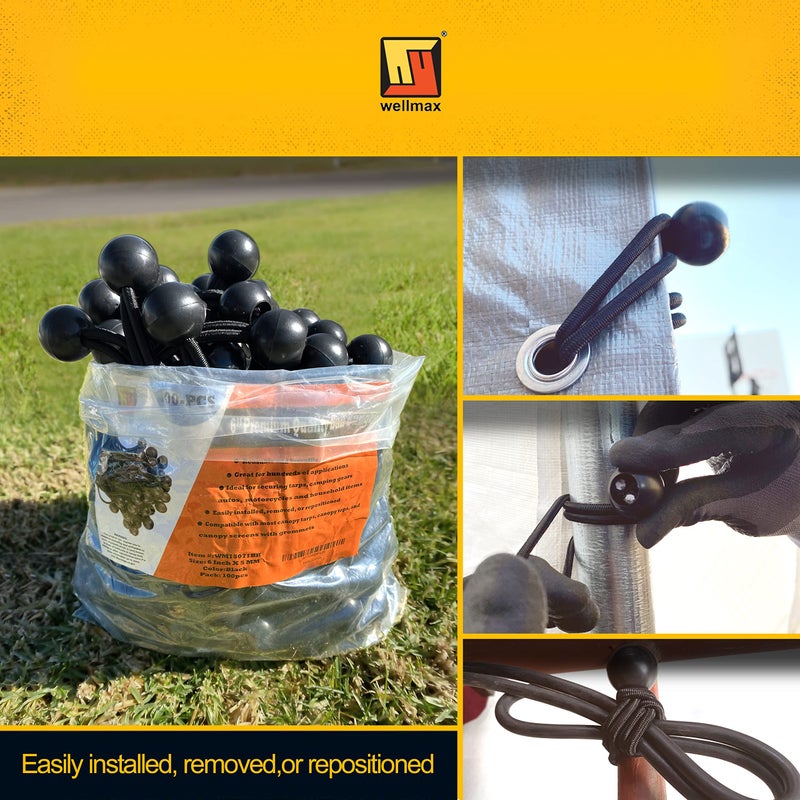 Wellmax 100-Pack 6 Inch Ball Bungee Cords by Wellmax - Heavy Duty, Versatile, and Built to Last - Ideal for Camping, Tarp Tie-Downs, Canopies, Hoses, Cords, and Wires - 5mm Thickness - Black Color - Image 3